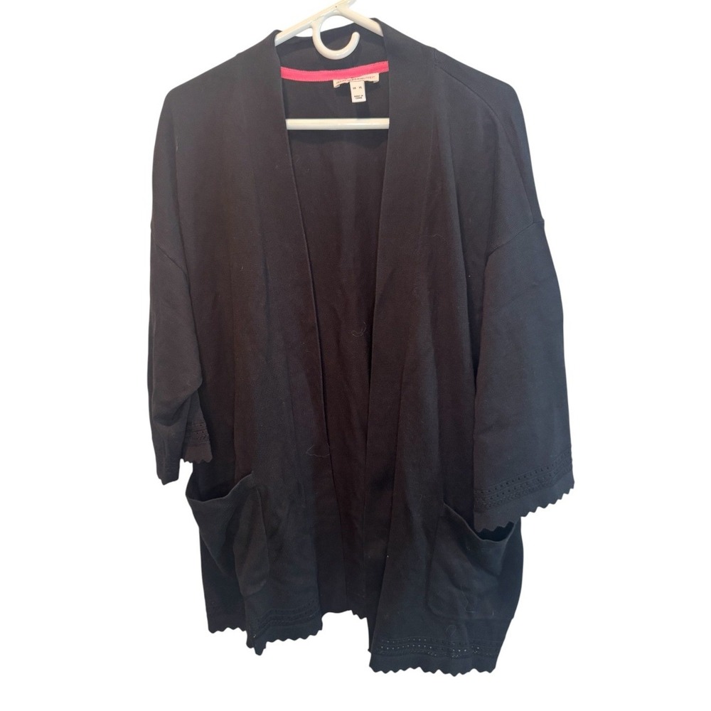 Isaac Mizrahi Live Women Black Eyelet Scallop Trim Cardigan Sweater XL NEW